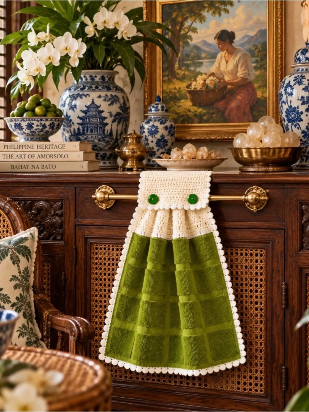 Handmade Chartreuse Olive Green Crochet Hanging Kitchen Towel